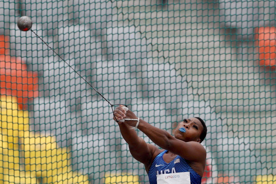 Gwendolyn Berry of United States competes in the women's hammer throw final during the athletics at the Pan American Games in Lima, Peru, Saturday, Aug. 10, 2019. Berry won the gold medal. (AP Photo/Rebecca Blackwell)