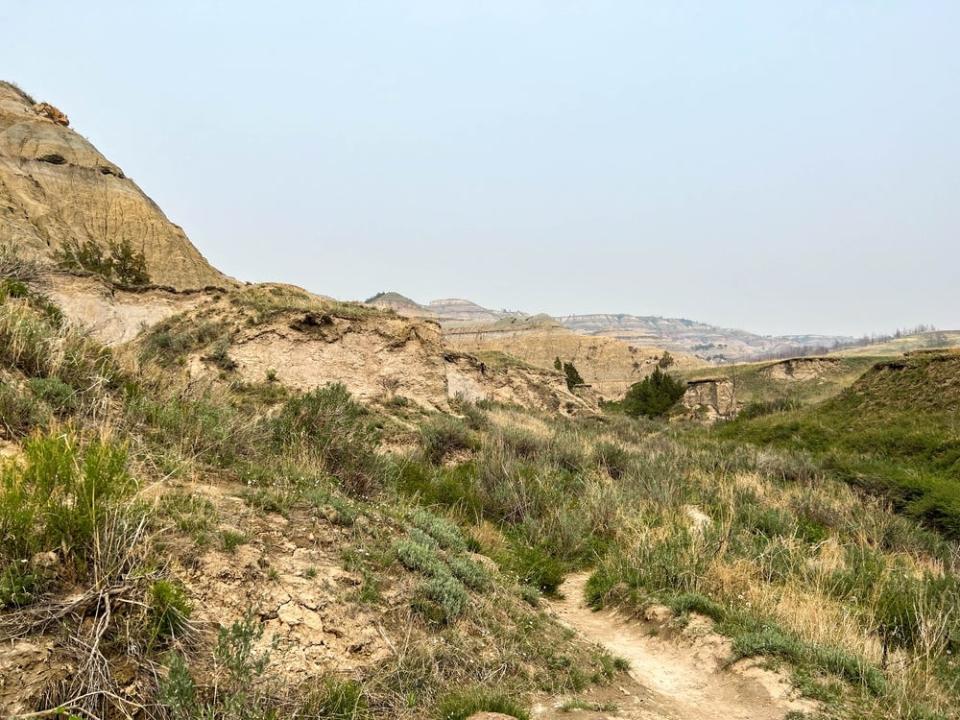 Grassy hills and rock formations in Theodore Roosevelt National Park.