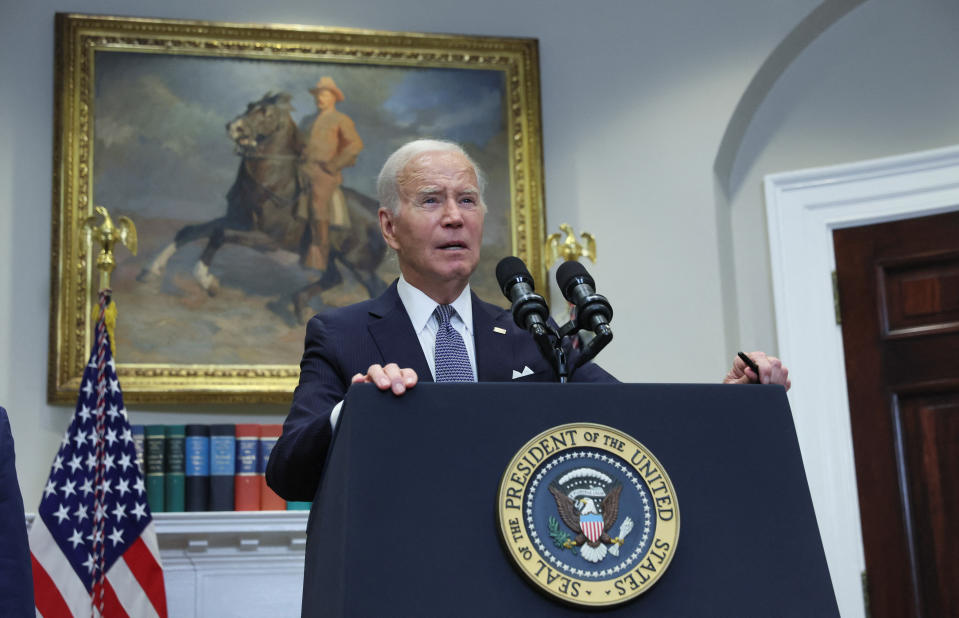 U.S. President Joe Biden speaks about his plans for continued student debt relief after a U.S. Supreme Court decision blocking his plan to cancel $430 billion in student loan debt, in the Roosevelt Room at the White House in Washington, U.S. June 30, 2023. REUTERS/Leah Millis