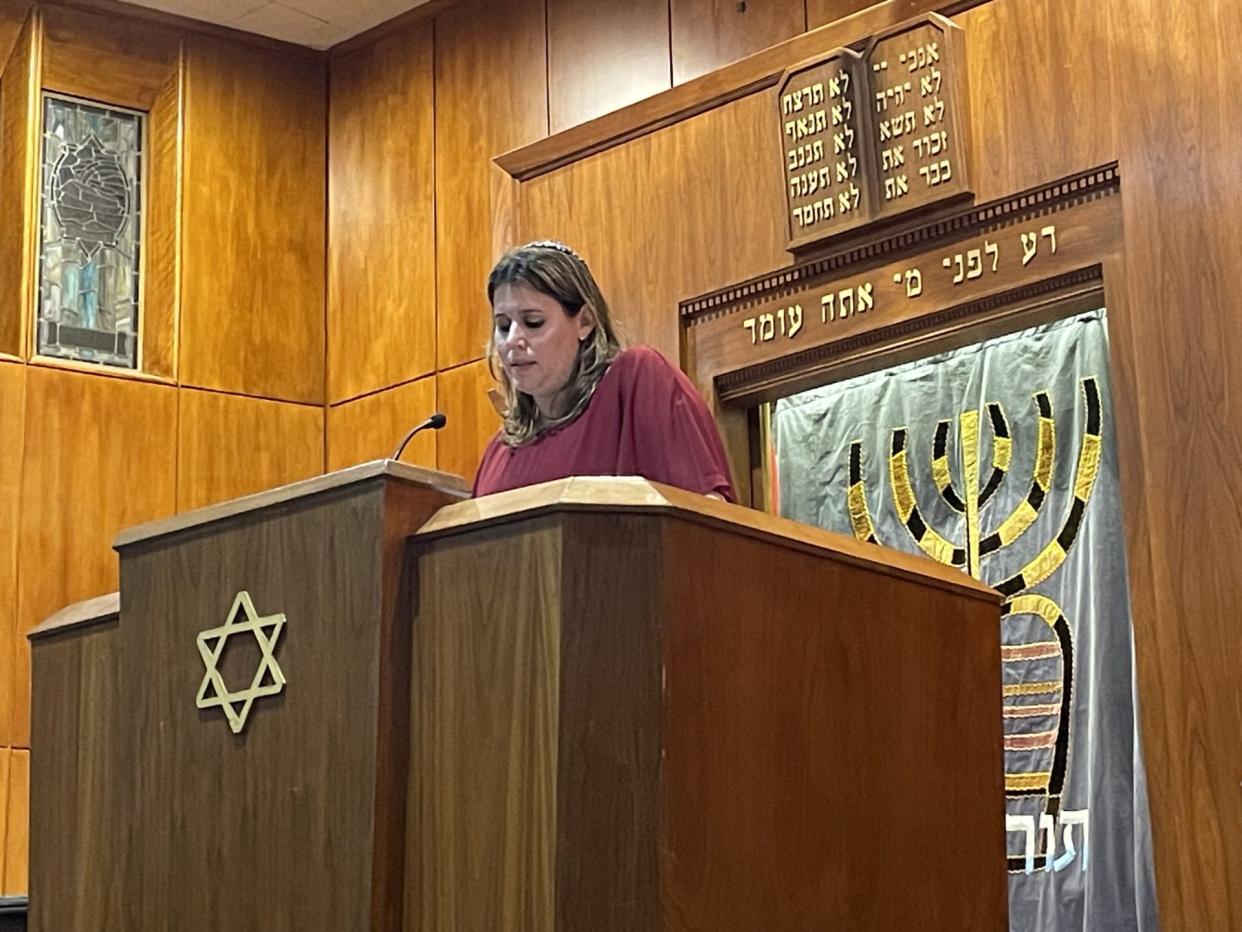 Rabbi Remy Liverman of Augusta's Congregation Children of Israel synagogue, delivers remarks from the pulpit of Adas Yeshurun Synagogue in Augusta, Oct. 12, 2023.
