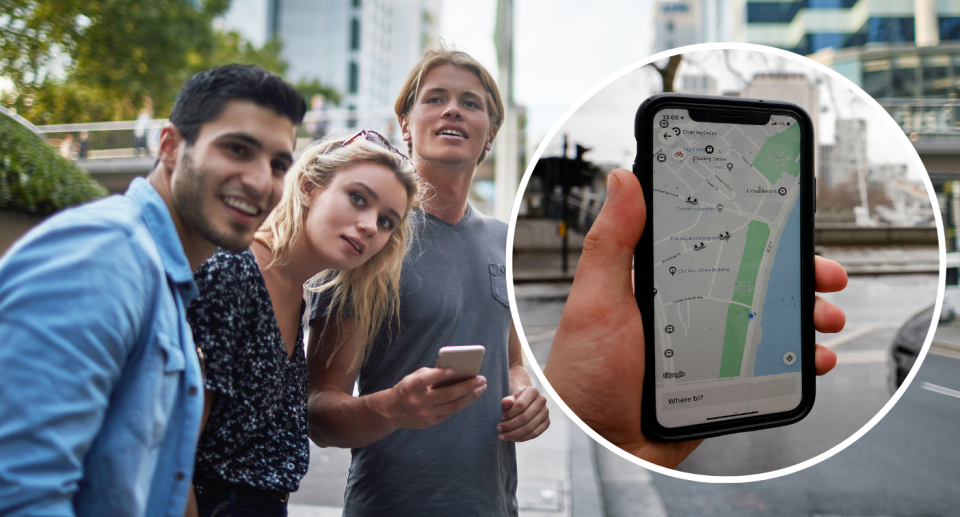 Uber passengers waiting for car next to insert of a phone with the Uber app open