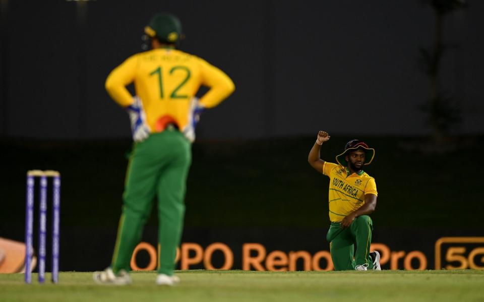 South Africa captain Temba Bavuma takes the knee ahead of the Pakistan and South Africa warm Up Match prior to the ICC Men's T20 World Cup at on October 20, 2021 in Abu Dhabi, United Arab Emirates. - GETTY IMAGES