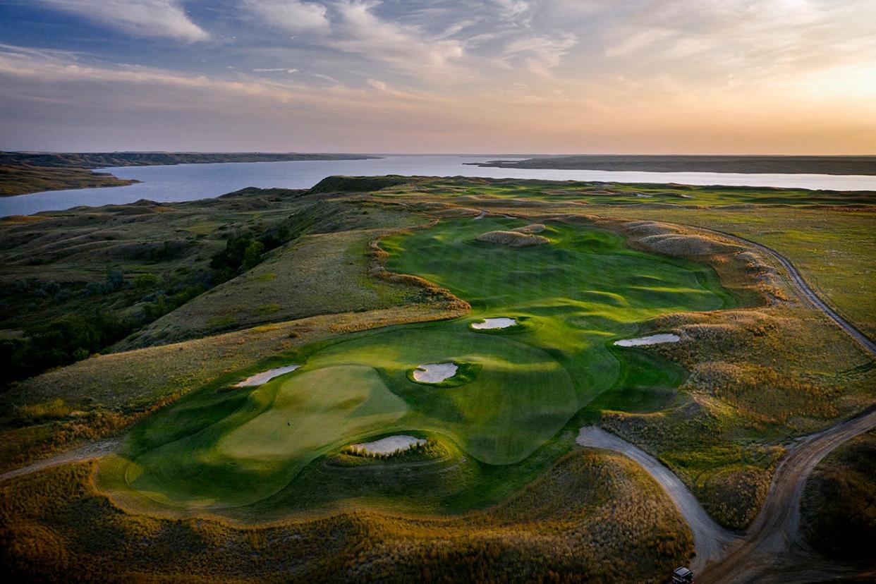 An aerial view of the 11th hole at Sutton Bay in Agar. Sutton Bay has been ranked the best private golf course in South Dakota by Golfweek.