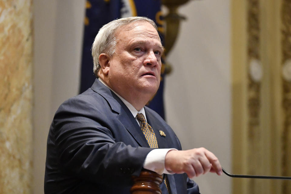 FILE - Kentucky Senate President Robert Stivers presides over a session at the Kentucky State Capitol in Frankfort, Ky., Tuesday, March 26, 2024. Kentucky lawmakers on Thursday, March 28, gave final approval to a bill stripping the state's Democratic governor of any role in picking someone to occupy a U.S. Senate seat if a vacancy occurred in the home state of 82-year-old Senate Republican leader Mitch McConnell.(AP Photo/Timothy D. Easley, File)