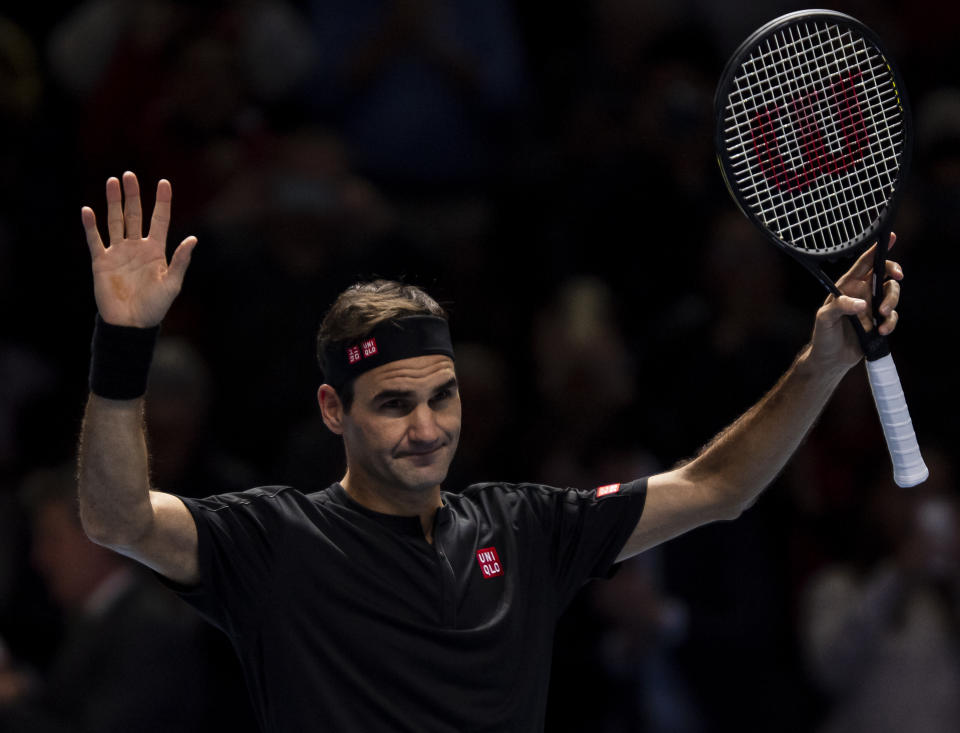 Roger Federer of Switzerland celebrates his victory over Matteo Berrettini of Italy during Day three of the Nitto ATP World Tour Finals at The O2 Arena on November 12, 2019 in London, England.