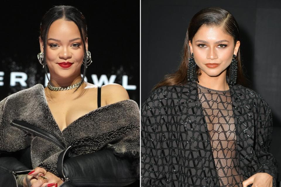 Rihanna poses onstage during the Apple Music Super Bowl LVII Halftime Show Press Conference; Zendaya attends the Valentino Womenswear Spring/Summer 2023 show