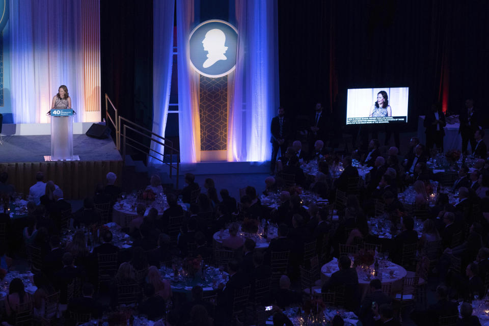 Supreme Court Associate Justice Amy Coney Barrett speaks during the Federalist Society's 40th Anniversary dinner at Union Station in Washington, Monday, Nov. 10, 2022. ( AP Photo/Jose Luis Magana)