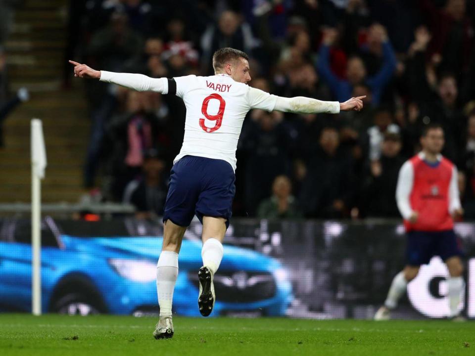 Jamie Vardy celebrates putting England ahead (Getty)