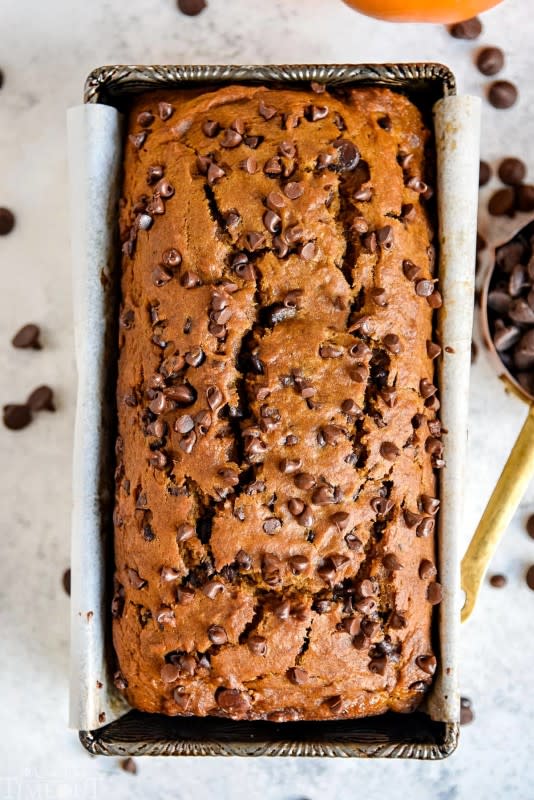 <p>Mom on Time Out</p><p>This homemade pumpkin chocolate chip bread is extra delicious, supremely moist, and bursting with fall flavors! So easy to make and a guaranteed hit with friends and family this holiday season. </p><p><strong>Get the recipe: <em><a href="https://www.momontimeout.com/chocolate-chip-pumpkin-bread-recipe/" rel="nofollow noopener" target="_blank" data-ylk="slk:Pumpkin Chocolate Chip Bread;elm:context_link;itc:0;sec:content-canvas" class="link rapid-noclick-resp">Pumpkin Chocolate Chip Bread</a></em></strong></p>