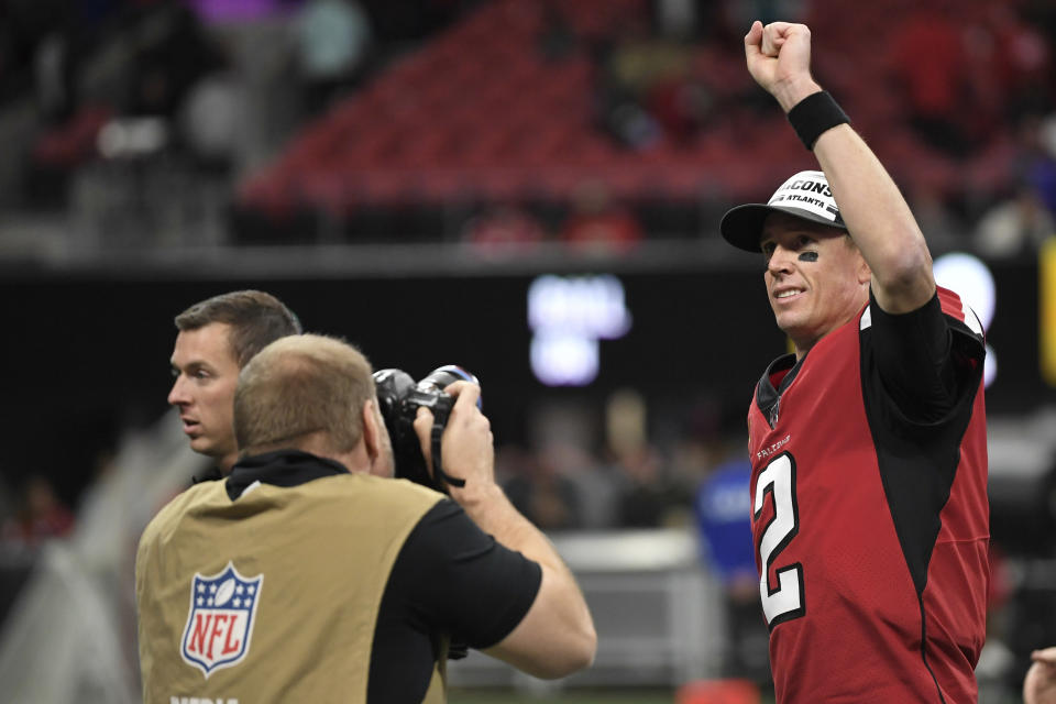 Atlanta Falcons quarterback Matt Ryan (2) leaves the field after an NFL football game against the Jacksonville Jaguars, Sunday, Dec. 22, 2019, in Atlanta. The Atlanta Falcons won 24-12. (AP Photo/Danny Karnik)