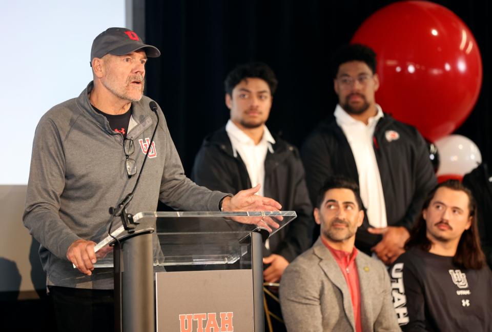 Crimson Collective board member Charlie Monfort speaks during the Crimson Collective launch event at the Rice-Eccles Stadium in Salt Lake City on Friday, April 21, 2023. The Crimson Collective is an independent NIL organization and the exclusive NIL collective for Utah football. | Kristin Murphy, Deseret News