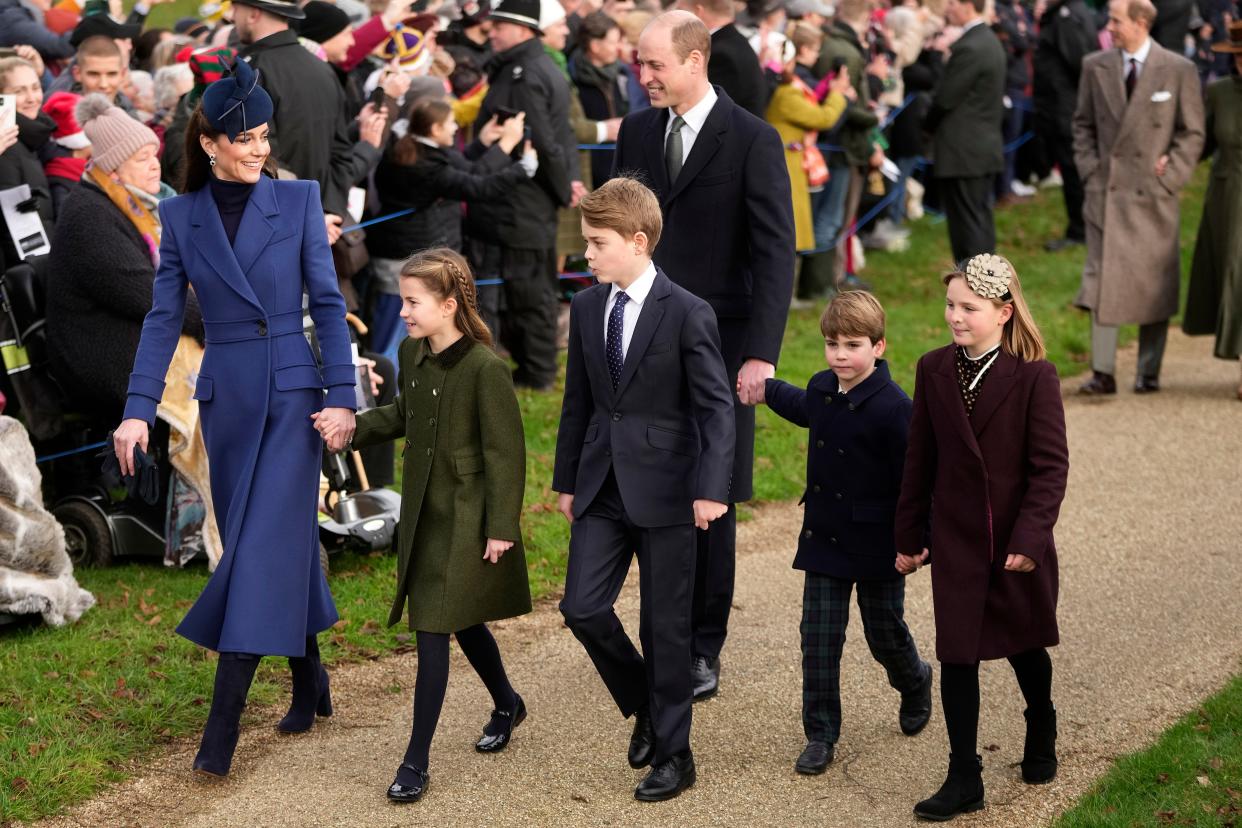 Princess Kate, Princess Charlotte, Prince George, Prince William, Prince Louis and Mia Tindall arrive to attend the Christmas day service at St Mary Magdalene Church.