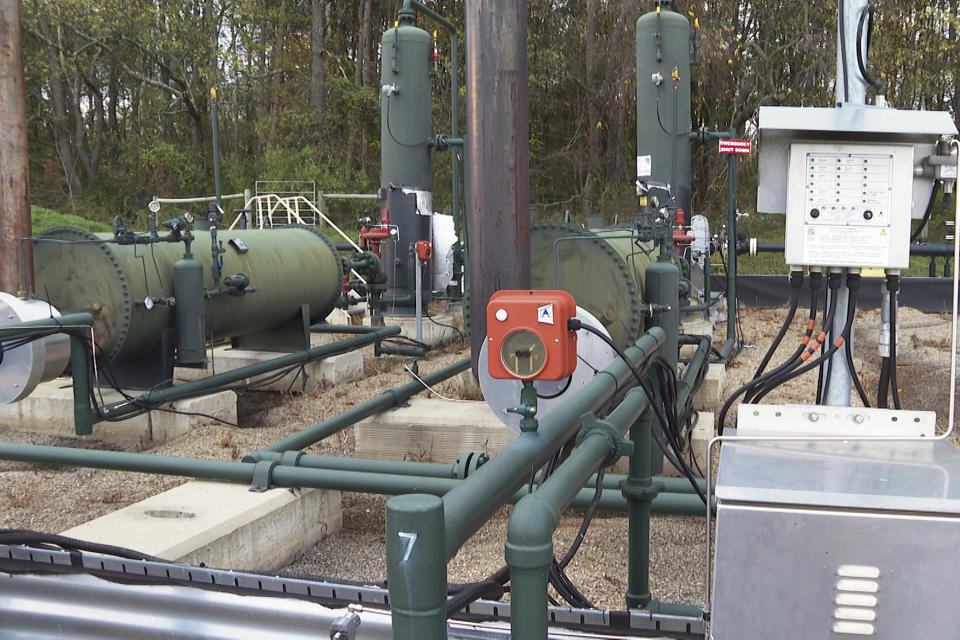 An XTO Energy natural gas fracking well pad is seen in Freeport, Pennsylvania, on Thursday, October 15, 2020. President Trump accuses Joe Biden of wanting to ban fracking, a sensitive topic in the No. 2 natural gas state behind Texas. Biden insists he does not want to ban fracking broadly - he wants to ban it on federal lands and make electricity production fossil-fuel free by 2035. (AP Photo/Ted Shaffrey)