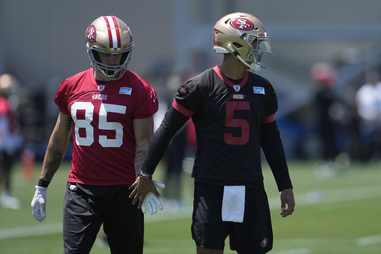 George Kittle and Trey Lance have made a connection at 49ers OTAs. (AP Photo/Jeff Chiu)
