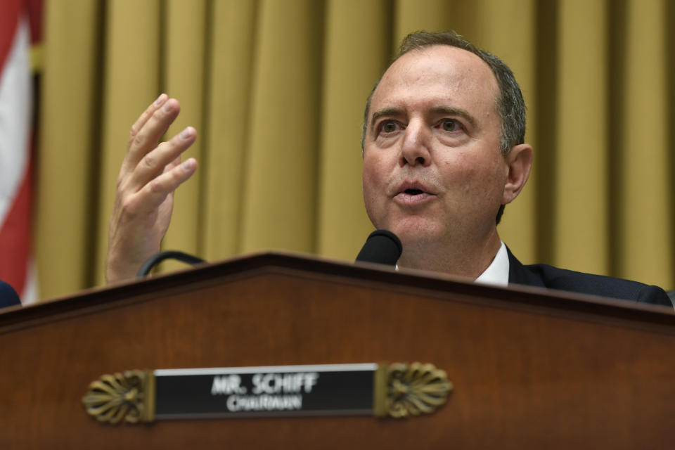 FILE - In this July 24, 2019, file photo, House Intelligence Committee Chairman Adam Schiff, D-Calif., speaks during a hearing on Capitol Hill in Washington. The Democrat in the House of Representatives and a Republican in the U.S. Senate have drafted bills to make domestic acts of terrorism a federal crime. Schiff introduced legislation on Aug. 16 that he says is a "very high priority." (AP Photo/Susan Walsh, File)