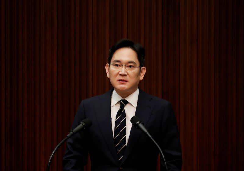 FILE PHOTO: Samsung Electronics Vice Chairman, Jay Y. Lee, speaks during a news conference at a company's office building in Seoul