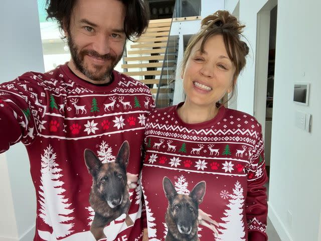 <p>Kaley Cuoco/Instagram</p> Tom Pelphrey and Kaley Cuoco wearing a photo of Blue on their Christmas sweaters