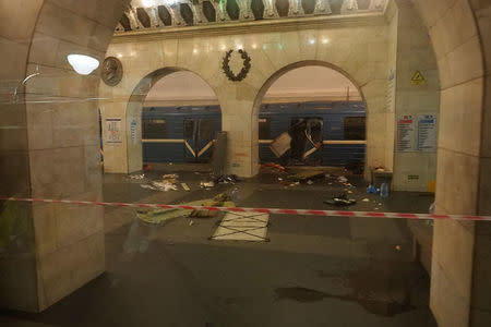 A train carriage damaged from an explosion, is seen at Tekhnologicheskiy institut metro station in St. Petersburg, Russia April 3, 2017. REUTERS/Mikhail Ognev/Fontanka.ru