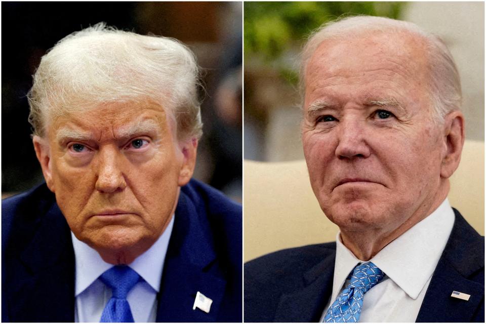 FILE PHOTO: Combination picture showing former U.S. President Donald Trump attending the Trump Organization civil fraud trial, in New York State Supreme Court in the Manhattan borough of New York City, U.S., November 6, 2023 and U.S. President Joe Biden participating in a meeting with Italy's Prime Minister Giorgia Meloni in the Oval Office at the White House in Washington, U.S., March 1, 2024. REUTERS/Brendan McDermid and Elizabeth Frantz//File Photo