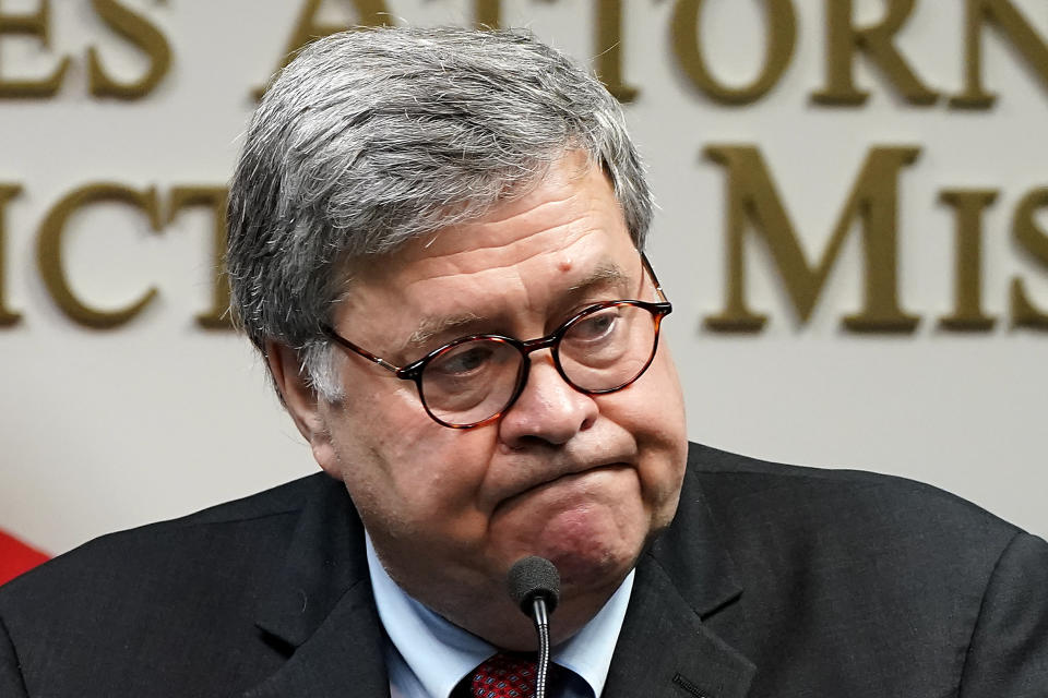 Attorney General William Barr talks to the media during a news conference about Operation Legend, a federal task force formed to fight violent crime in several cities, Wednesday, Aug. 19, 2020, in Kansas City, Mo. (AP Photo/Charlie Riedel)