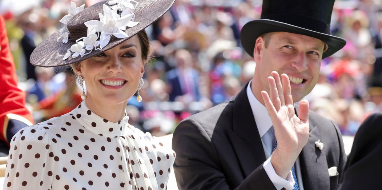 prince william and the princess of wales smile and wave as they arrive into the parade ring on the royal carriage during royal ascot 2022