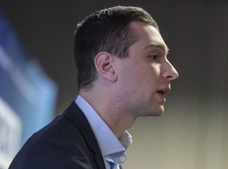 Far-right top candidate of the National Rally party Jordan Bardella, speaks during a media conference for the upcoming European elections next month in Strasbourg, eastern France, Monday, April 15, 2019. (AP Photo/Jean-Francois Badias)