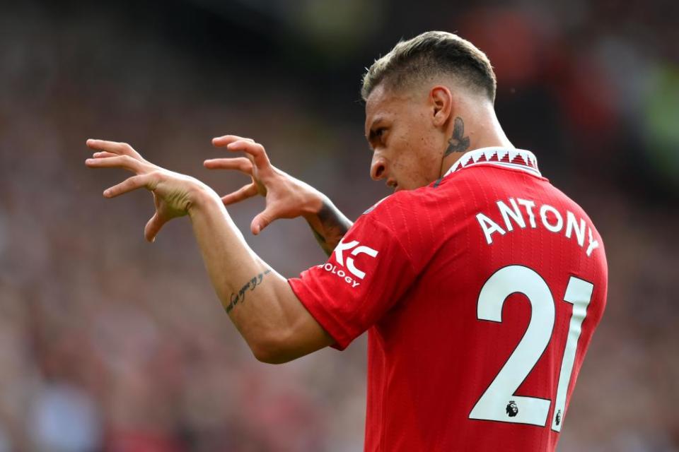 Antony of Manchester United celebrates after scoring his side’s first goal against Arsenal at Old Trafford in a 3-1 win for United