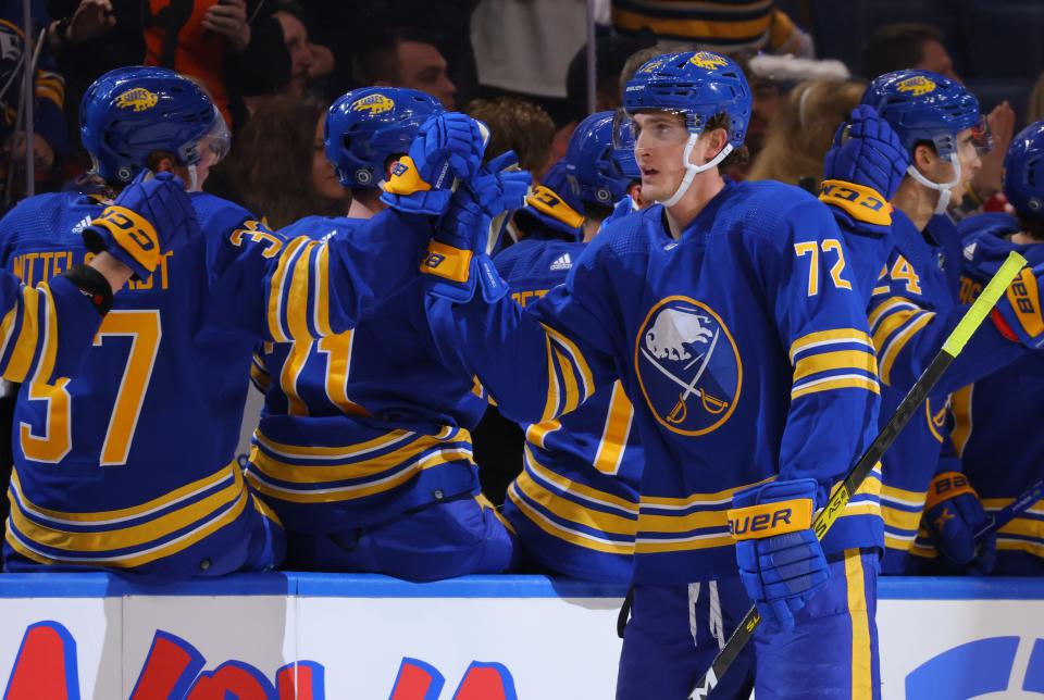 Buffalo Sabres right wing Tage Thompson (72) celebrates his goal with teammates during the first period against the Detroit Red Wings at KeyBank Center in Buffalo, N.Y. on Monday, Oct. 31, 2022.