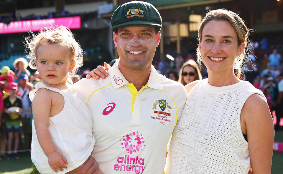 Alex Carey, pictured here with wife Eloise and daughter Rose. 