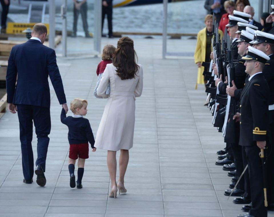 The Duke and Catherine Duchess of Cambridge, Princess Charlotte and Prince George inspect the guard as they leave Victoria and wrap up their tour of Canada’s west coast. Photo: REX/Shutterstock