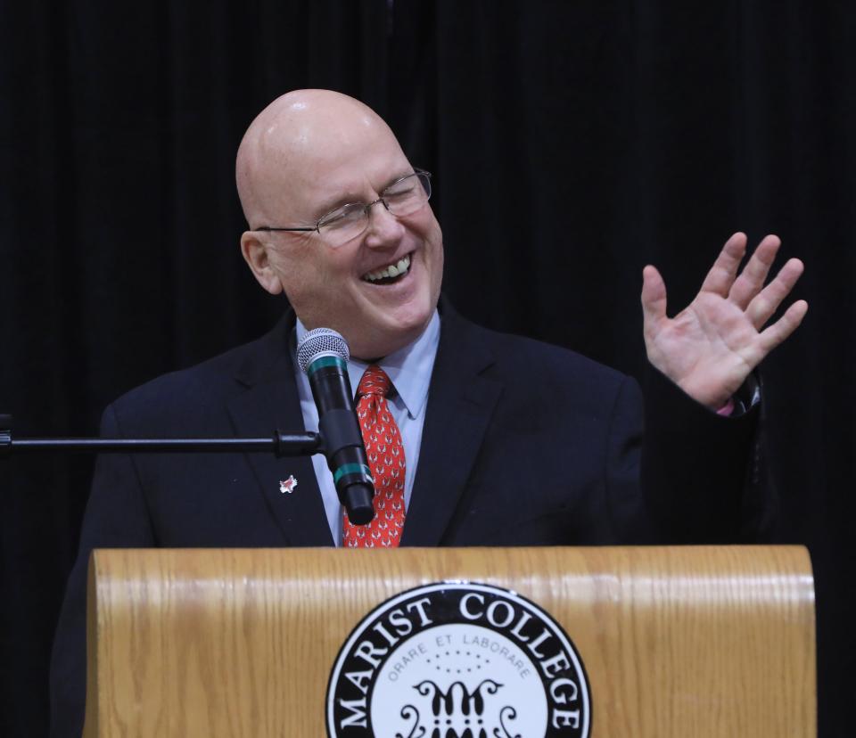 Marist College women's basketball head coach Brian Giorgis speaks during Wednesday's press conference announcing his retirement on March 2, 2022.