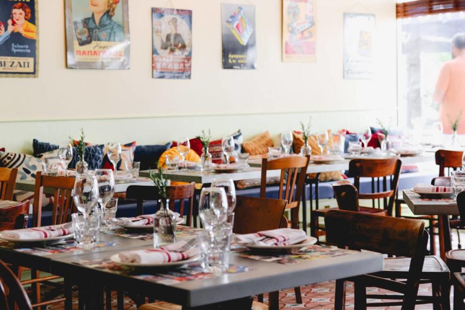 The interior of Bakalo Mykonos, the second location of the Greek restaurant and first in the U.S.