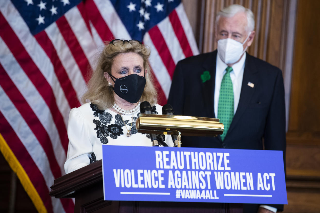 UNITED STATES - MARCH 17: Rep. Debbie Dingell, D-Mich., and House Majority Leader Steny Hoyer, D-Md., conduct a news conference in the Capitol on the reauthorization of the Violence Against Women Act on Wednesday, March 17, 2021. (Photo By Tom Williams/CQ-Roll Call, Inc via Getty Images)