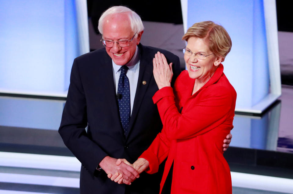 Senator Bernie Sanders and Senator Elizabeth Warren shake hands before the start of the first night of the second 2020 Democratic U.S. presidential debate in Detroit, Michigan, U.S., July 30, 2019. (Photo: Lucas Jackson/Reuters)