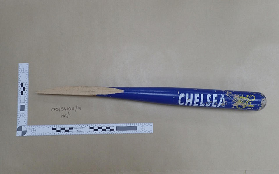 Part of a Chelsea FC baseball bat used by Vincent Fuller in the attack (Picture: PA)