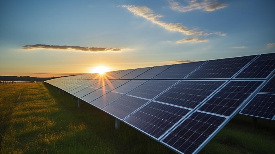 A field of well-maintained solar panels reflecting the sunlight.