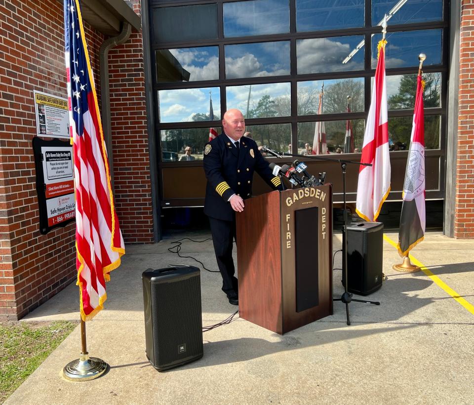 Fire Chief Wil Reed speaks March 7 at the unveiling of a Safe Haven Baby Box at Gadsden's Fire Station 3 on Garden Street in East Gadsden.