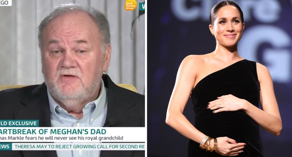 Mr Markle speaking on Good Morning Britain and pregnant Meghan at the British Fashion Awards last week [Photos: ITV/Getty]