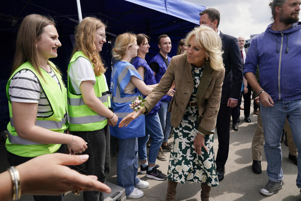 First lady Jill Biden visits with volunteers and first responders during a visit to Vysne Nemecke, Slovakia, near the border with Ukraine, Sunday, May 8, 2022. (AP Photo/Susan Walsh, Pool)