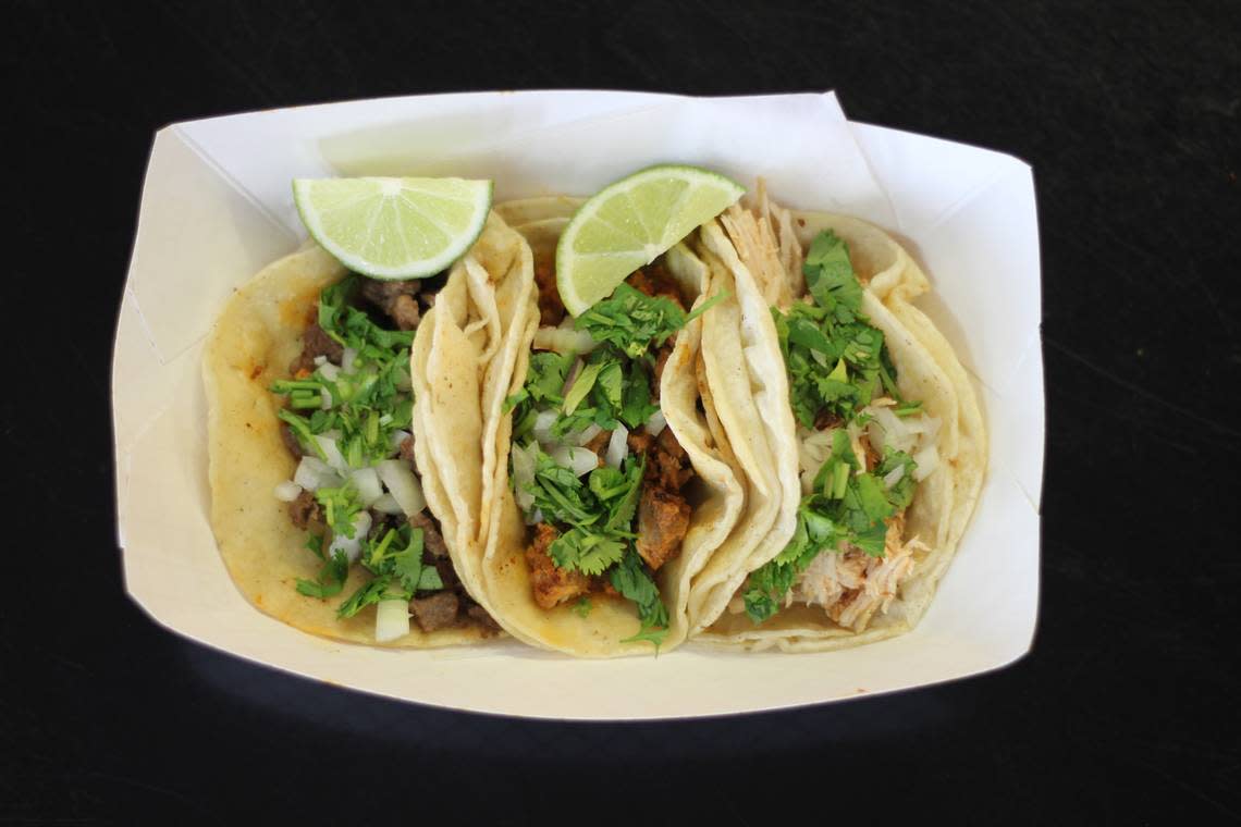 Three Street Tacos from Tienda San Juan Taqueria featuring slow roasted pork, beef, and chicken. San Juan Lexington will open May 5 at Country Boy Brewing on Chair Avenue. Provided