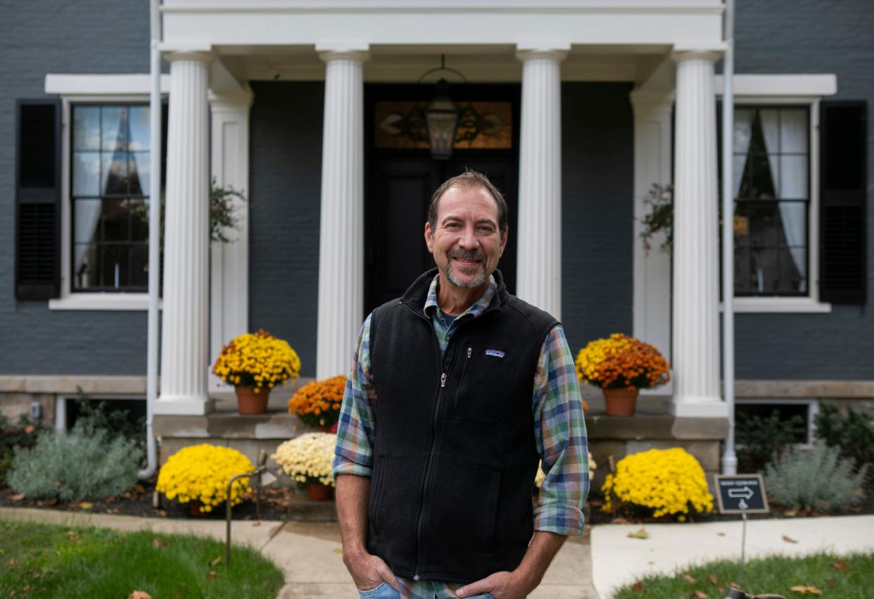 Drew Musser, owner, stands in front of The Willis-James Bed and Breakfast on October 18, 2023, in Chillicothe, Ohio.