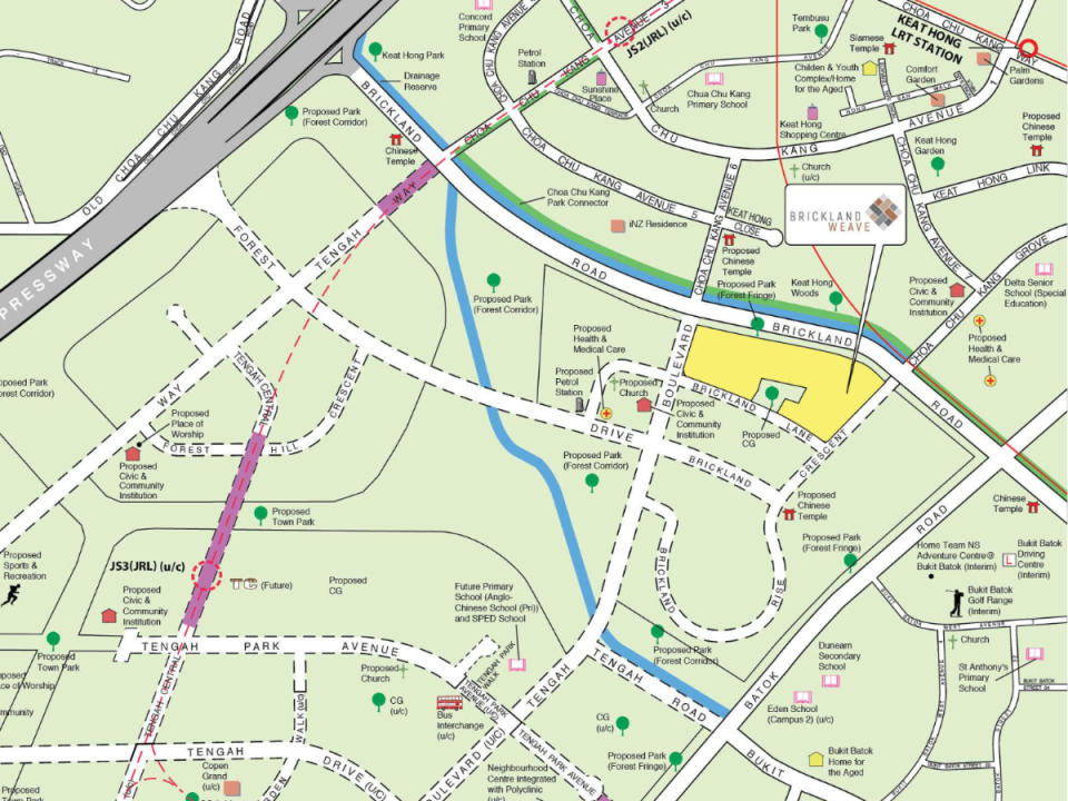 Location of Brickland Weave Feb 2023 BTO Tengah flats, bounded by Brickland Road and Tengah Boulevard. Source: <a href="https://homes.hdb.gov.sg/home/bto/details/2023-02_BTO_VEdfRDVDMl8xNjc1Mzg3NDAwODU1" rel="nofollow noopener" target="_blank" data-ylk="slk:HDB;elm:context_link;itc:0;sec:content-canvas" class="link ">HDB</a>