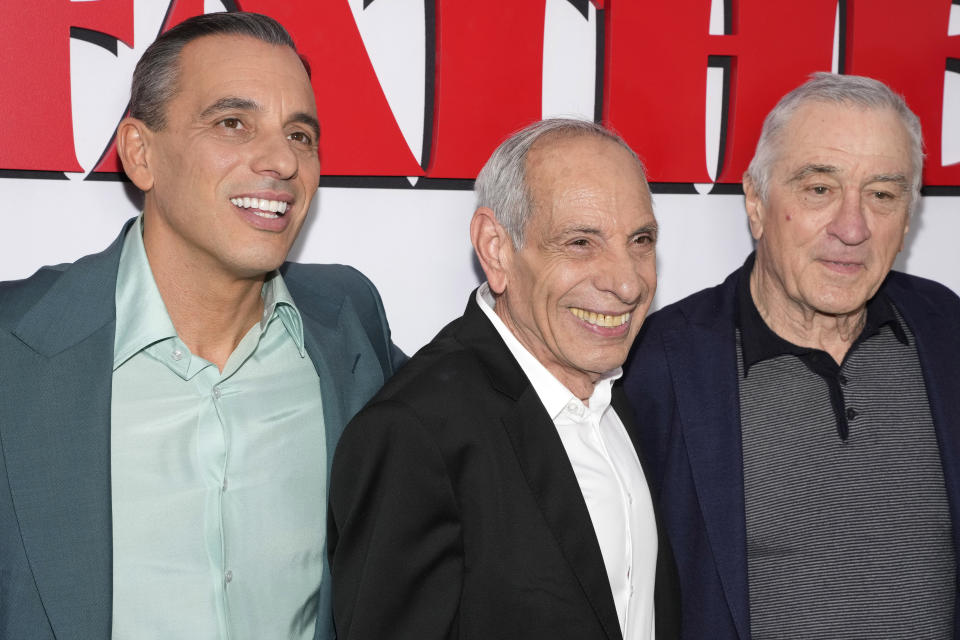 Sebastian Maniscalco, left Salvatore Maniscalco and Robert De Niro attend the "About My Father" premiere at the SVA Theater on Tuesday, May 9, 2023, in New York. (Photo by Charles Sykes/Invision/AP)