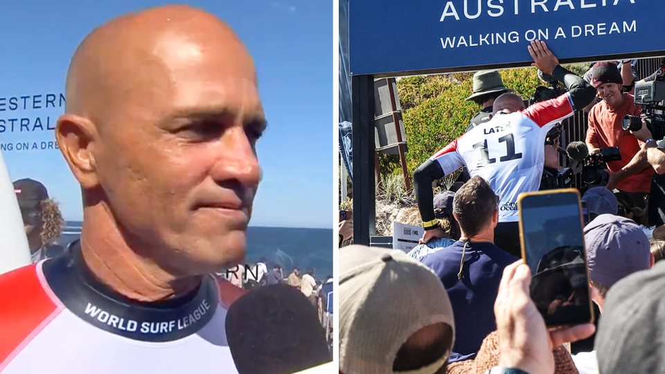 Surfing icon Kelly Slater during an interview and Slater chaired off the beach.