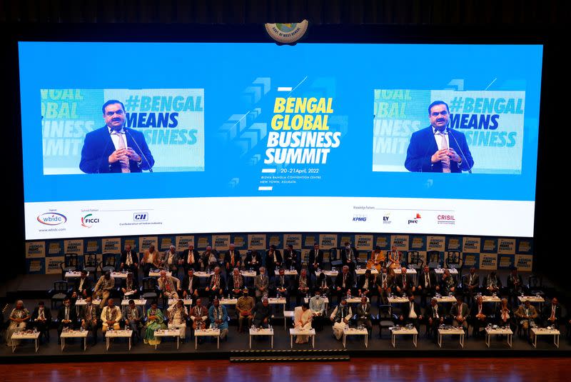 FILE PHOTO: Indian billionaire Gautam Adani addresses delegates during the Bengal Global Business Summit in Kolkata