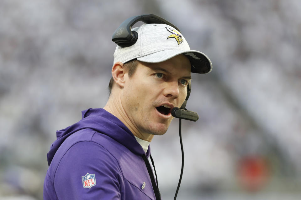 Minnesota Vikings head coach Kevin O'Connell watches from the sideline during the second half of an NFL football game against the New York Giants, Saturday, Dec. 24, 2022, in Minneapolis. (AP Photo/Bruce Kluckhohn)