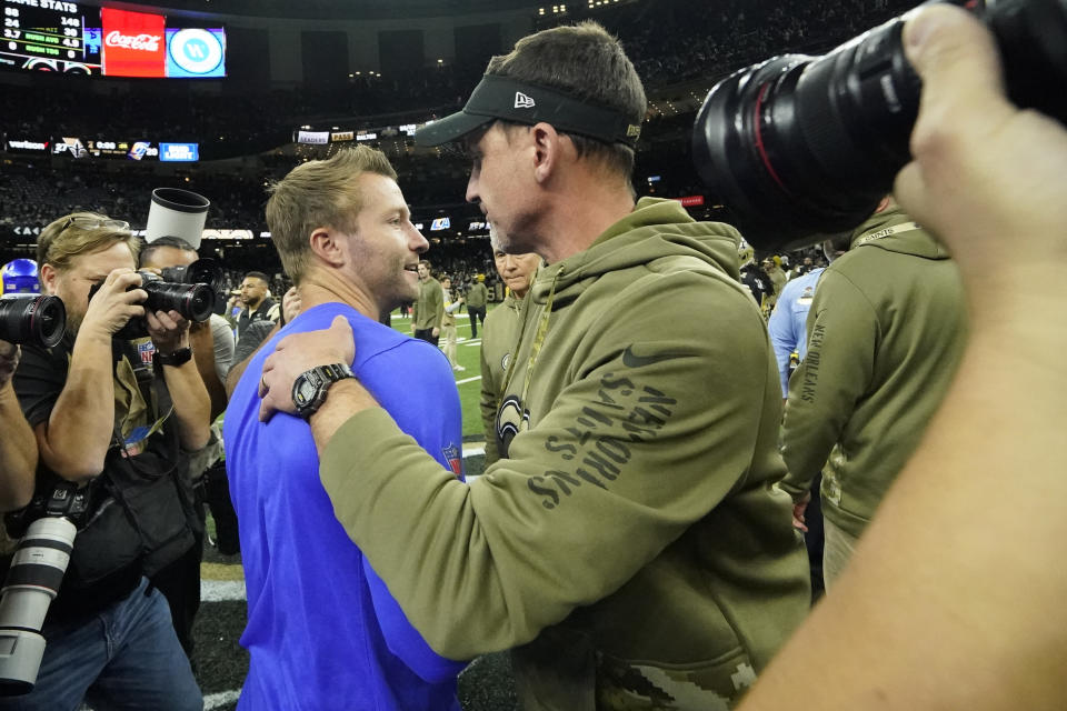 Los Angeles Rams head coach Sean McVay, left, and New Orleans Saints head coach Dennis Allen meet on the field after an NFL football game in New Orleans, Sunday, Nov. 20, 2022. The Saints won 27-20. (AP Photo/Gerald Herbert)