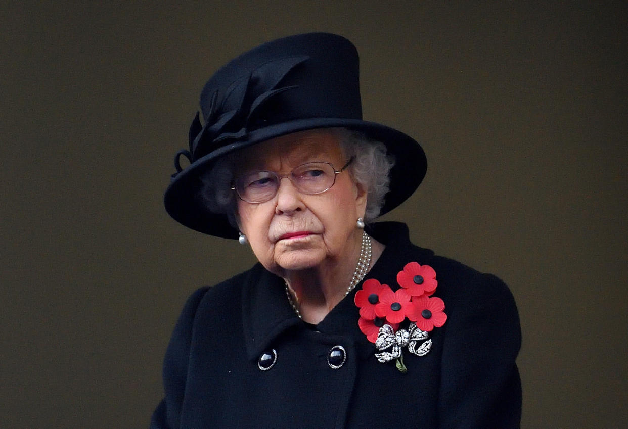 LONDON, UNITED KINGDOM - NOVEMBER 08: (EMBARGOED FOR PUBLICATION IN UK NEWSPAPERS UNTIL 24 HOURS AFTER CREATE DATE AND TIME) Queen Elizabeth II attends the National Service of Remembrance at The Cenotaph on November 8, 2020 in London, England. Remembrance Sunday services were substantially scaled back today due to the current restrictions on gatherings, intended to curb the spread of covid-19. (Photo by Pool/Max Mumby/Getty Images)