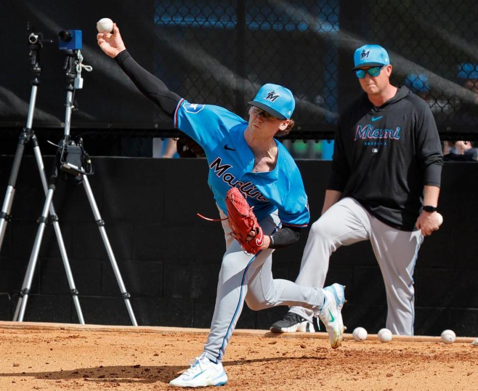 Miami Marlins Max Meyer (23) pitches during Miami Marlins pitchers and catchers spring training workout at Roger Dean Chevrolet Stadium in Jupiter, Florida on Thursday, February 15, 2024.