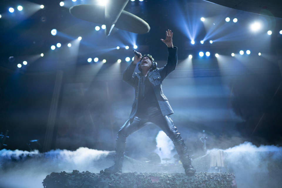 SAINT PAUL, MN - AUGUST 26: Bruce Dickinson of Iron Maiden performs "Aces High" during the Legacy of the Beast tour at Xcel Energy Center in Saint Paul, Minnesota. (Photo by Jeff Wheeler/Star Tribune via Getty Images)